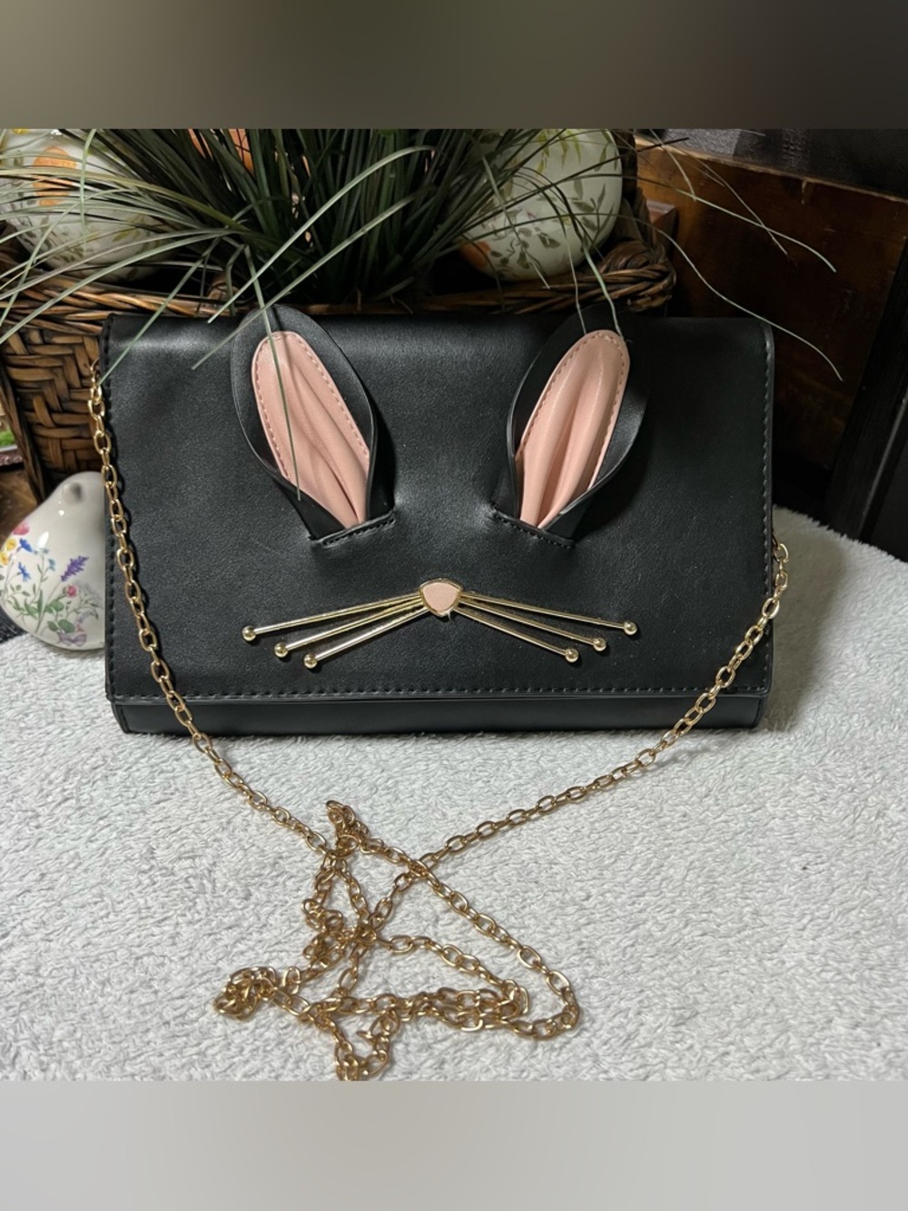 Sam Forever Black Bunny Ear Shoulder Bag with Pink Accents Purse Satchel